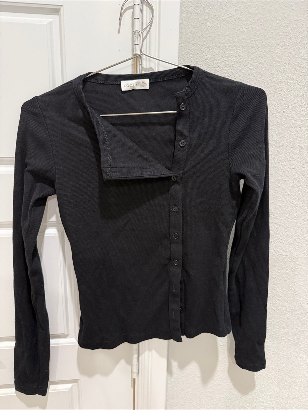 Kookai Black Long Sleeve Button-Down Ribbed Top